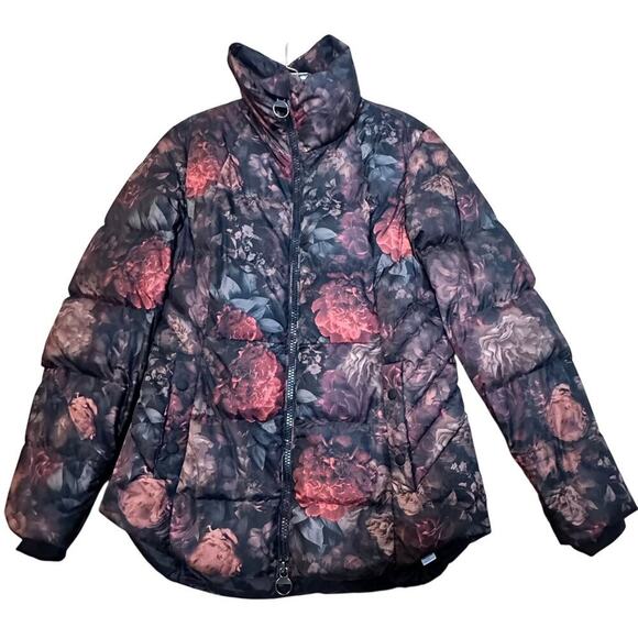 Athleta Downtown Puffer Jacket Black Floral Full Zip Down Fill Funnel Neck Sz M - Picture 7 of 16
